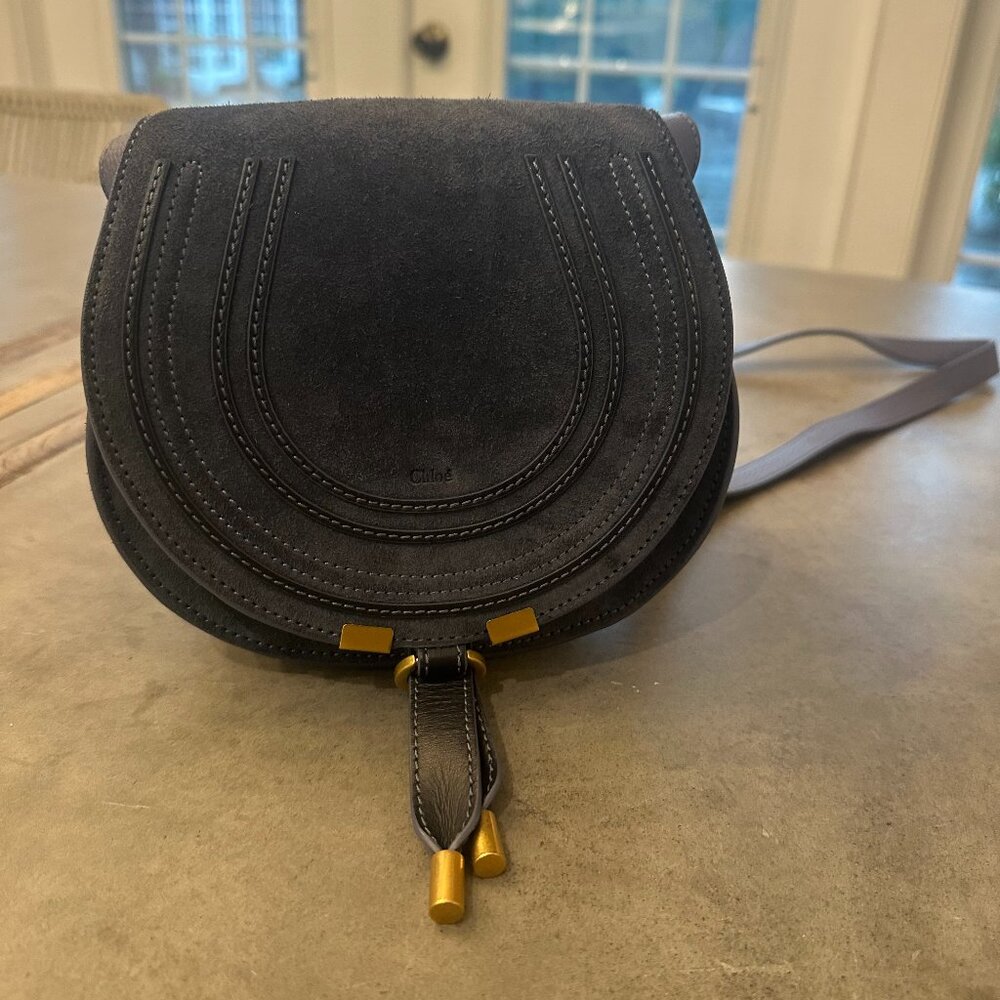 Chloé Marcie saddle bag in suede leather - Small - Graphite navy